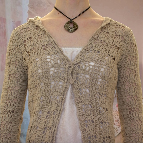 Vintage y2k boho crochet hooded cardigan - Picture 3 of 16